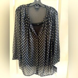 NWT Liz Claiborne Button Down Blouse 3/4 Sleeve Black and Gold Top Size Large